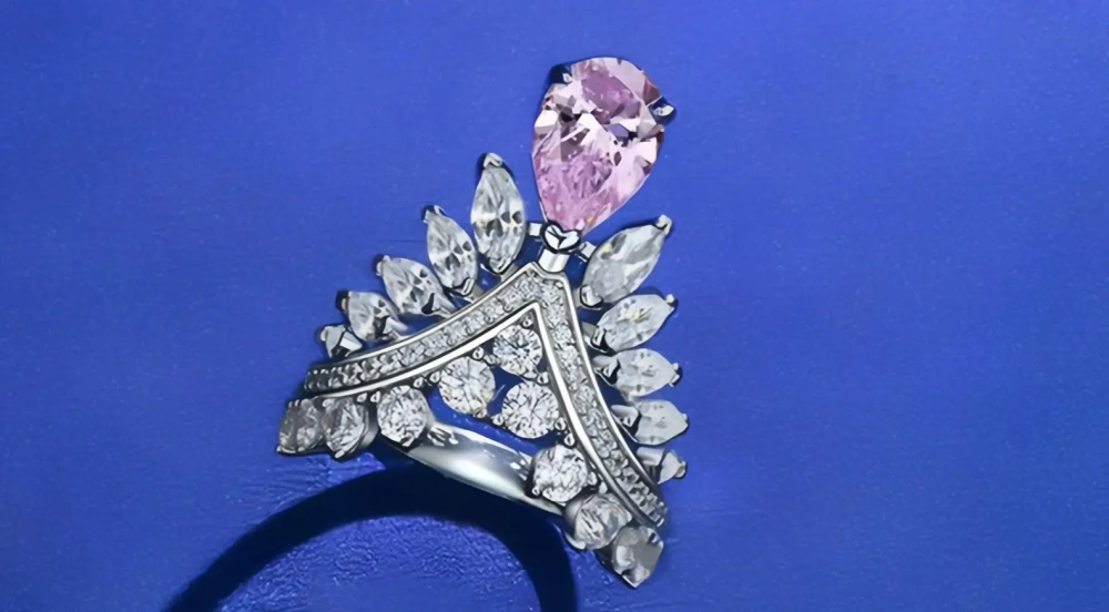 Winkin Winsin 2ct Pear-shaped 7*10 Feather Crown High-grade High-Carbon Diamond Pink S925 Silver Ring