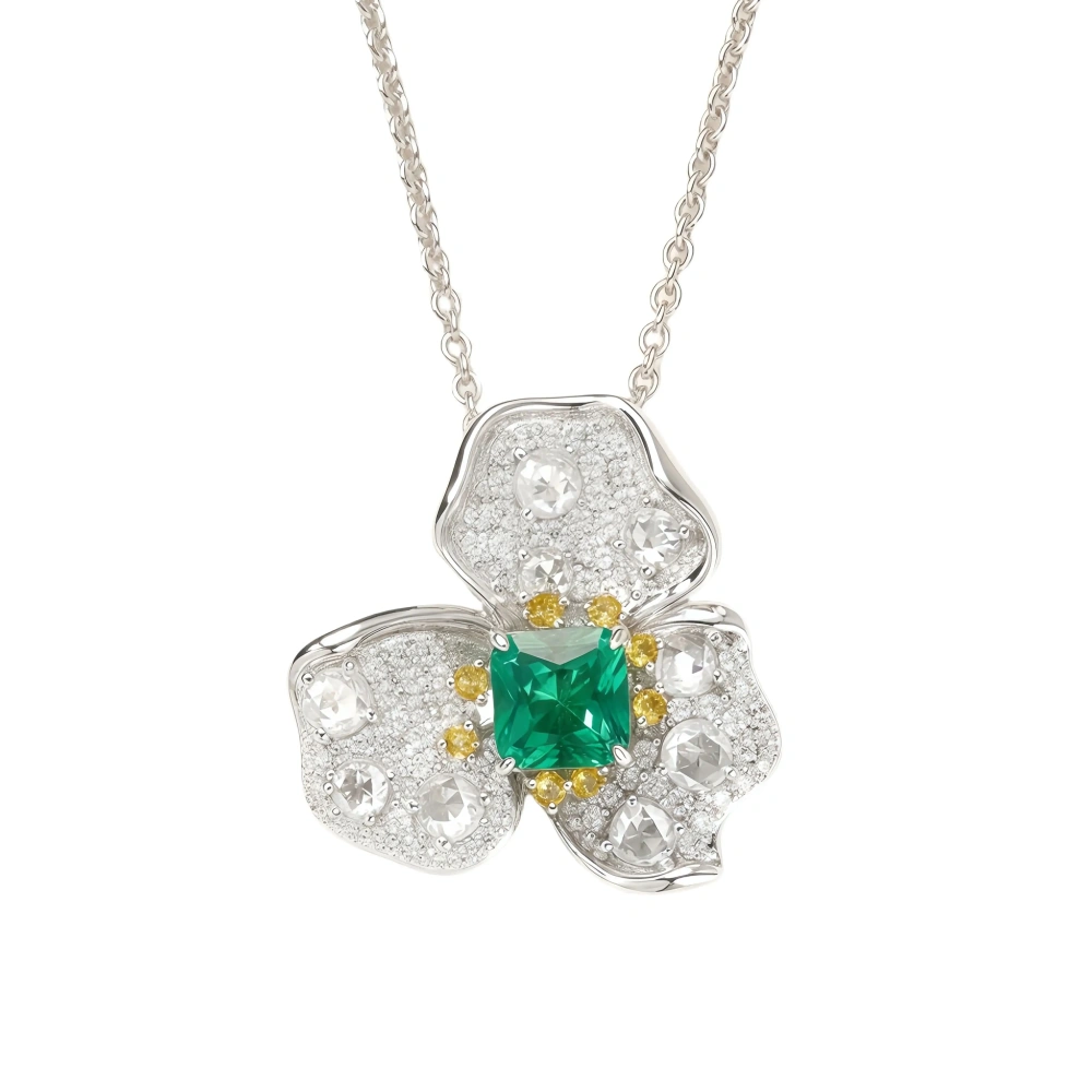 ShanLover Brand 925 Sterling Silver Red Green Gemstone Pendant Necklace Jewelry Flower Design Zircon Drop Pendants Necklaces
