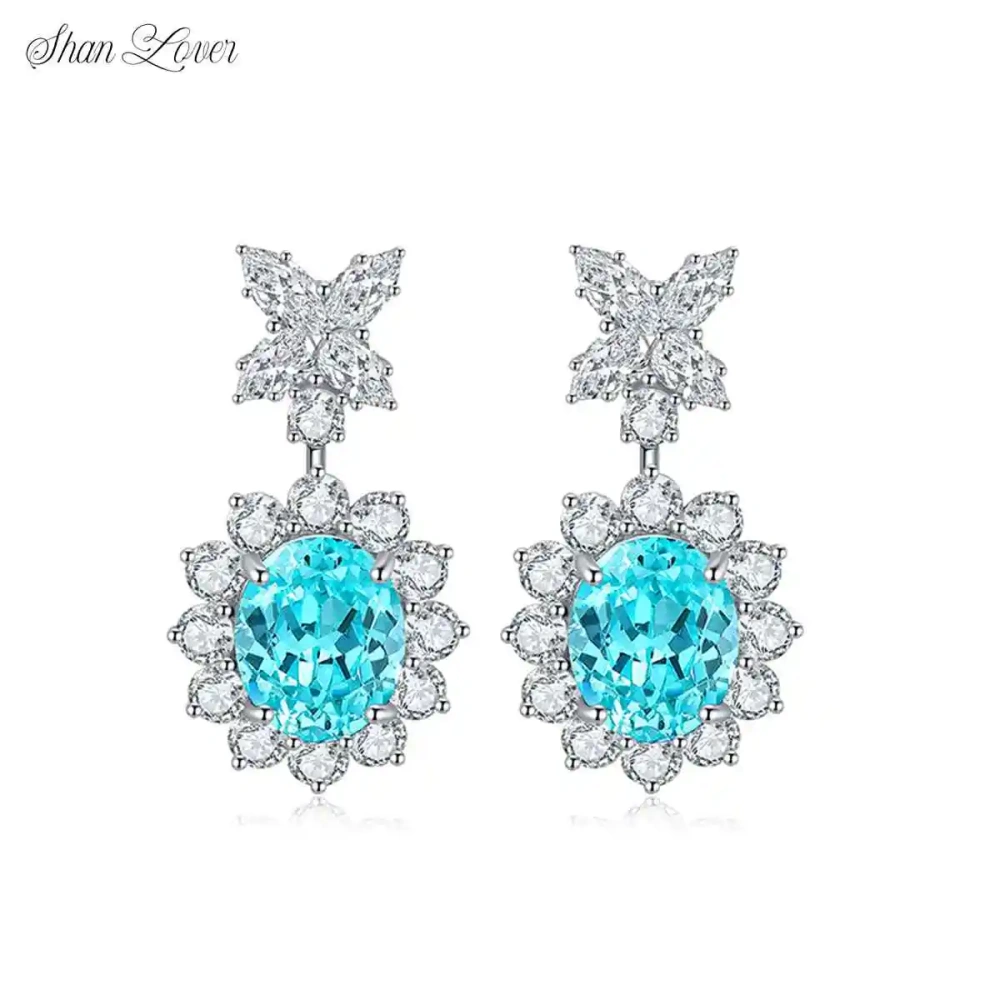 ShanLover Brand Light Luxury Elegant Lab Grown Gemstones Earrings Light Blue Flower Design Pendant Earrings Party Jewelry