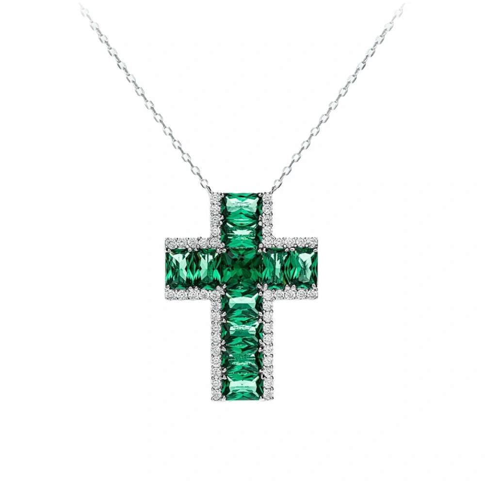 Winkin Winsin Brand 925 Sterling Silver Cross Full Gemstones Pendant Chain Necklace Jewelry Unisex Green Carbon Diamond Pendants