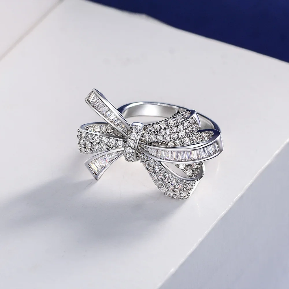 Winkin Winsin New White Butterfly Bow 925 Sterling Silver Ring Fine Jewelry Lab Grown Gemstones High Carbon Diamond Ring