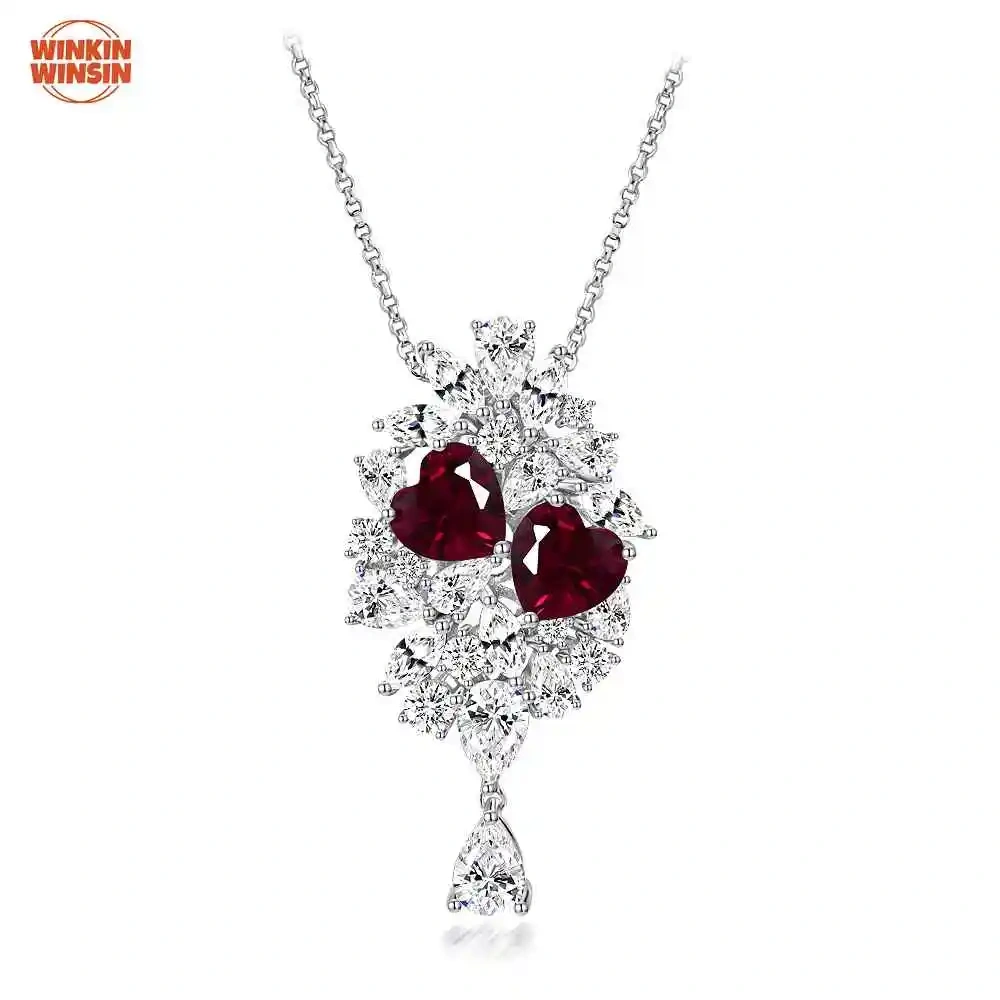Winkin Winsin New Style S925 Silver 2ct Heart Shape Cultured Ruby 8*8 Light Luxury Niche Design Pendant For Women