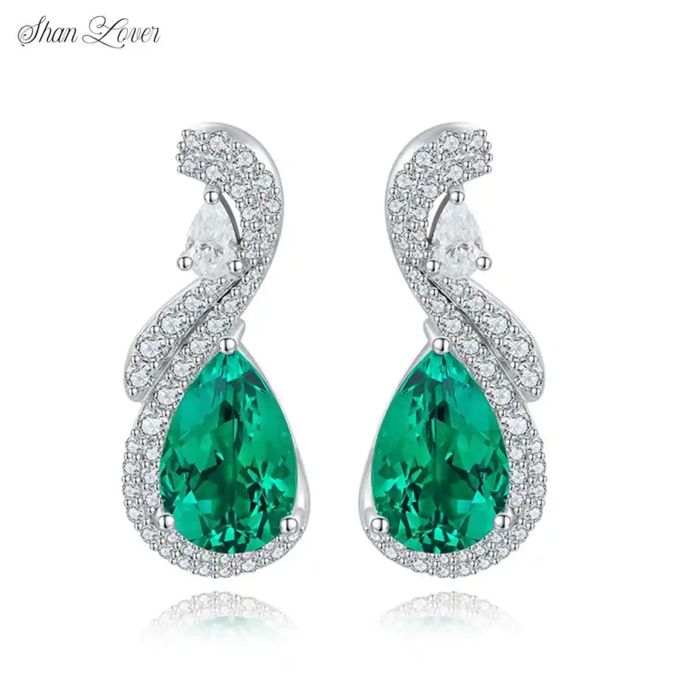 ShanLover Brand 5.8ct High End Lab Grown Gemstones Emerald 925 Sterling Silver Stud Earrings Fine Jewelry