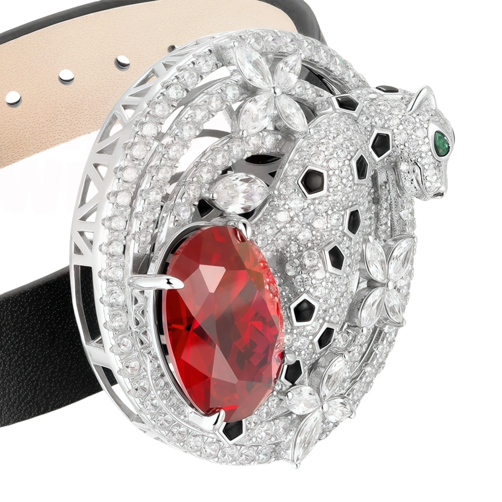 Winkin Winsin Luxury 925 Sterling Silver Leopard Bangle Bracelets Corundum Gemstones Ruby Bracelet Leather Belt Bangles Jewelry
