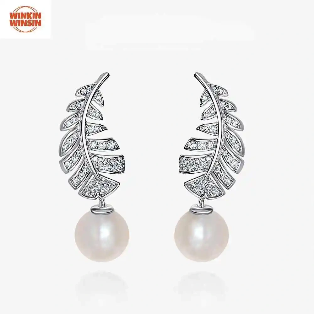 Winkin Winsin Feather Earrings for Women White Shell Pearl Drop Earrings, High Carbon Diamond Ear Accessories