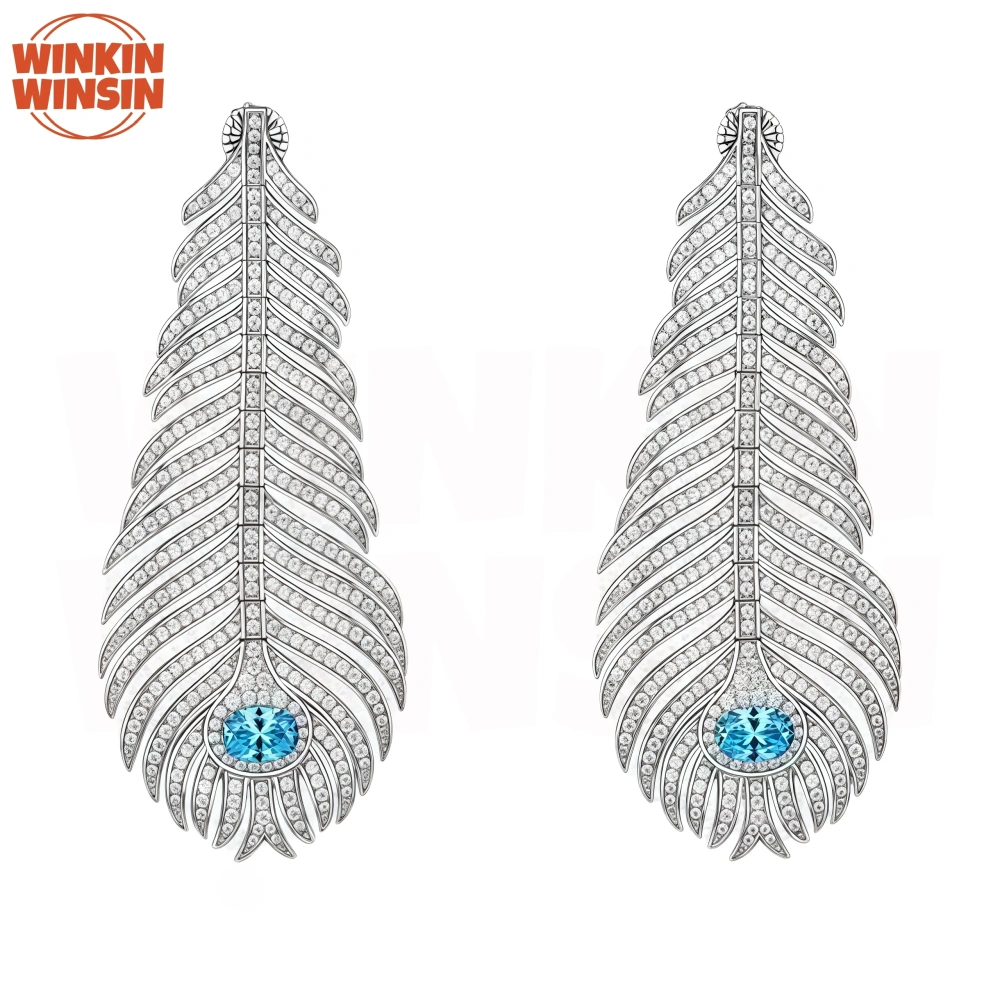 Winkin Winsin Brand Luxury Real 925 Sterling Silver Stud Earrings New Feather Drop Earrings Stud For Women Banquet Party Jewelry