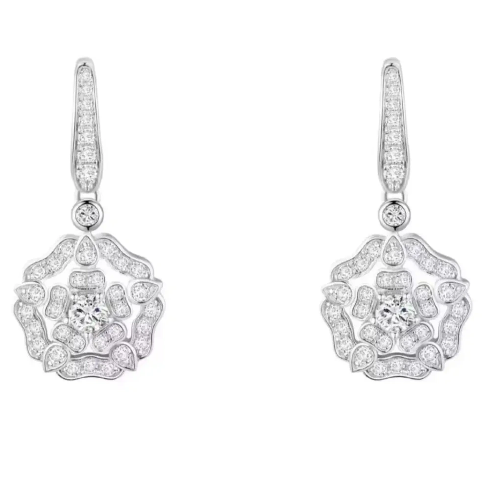 ShanLover Brand 925 Sterling Silver Drop Earrings 18kgp 18k Gold Plated Jewelry Full Diamond Camellia Flower Earrings For Woman