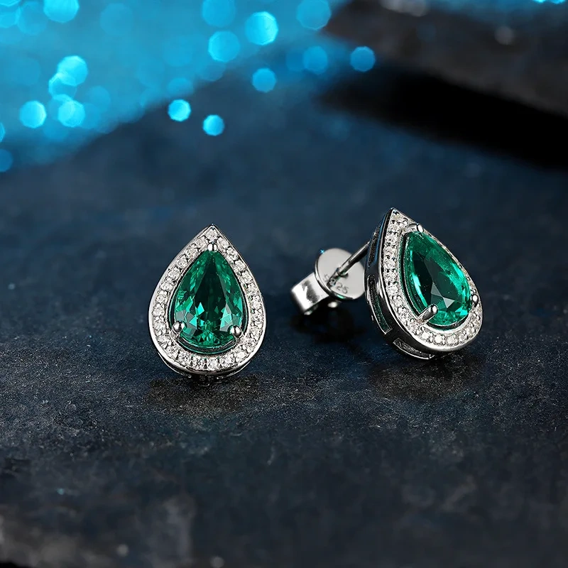 ShanLover Brand Luxury Waterdrop Lab Grown Gemstones Emerald Stud Earrings High Quality 925 Sterling Silver Jewelry