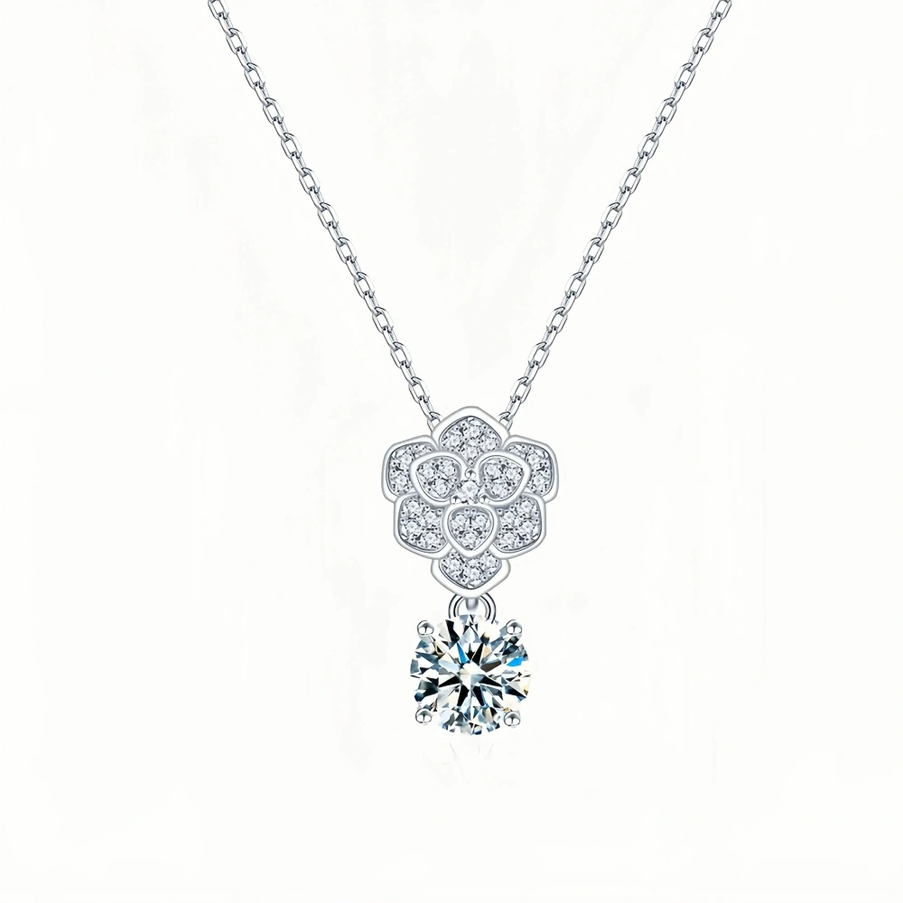 ShanLover Brand 1ct Moissanite Diamond Camellia Pendant Necklace 925 Sterling Silver Collarbone Chain Fashionable Jewelry