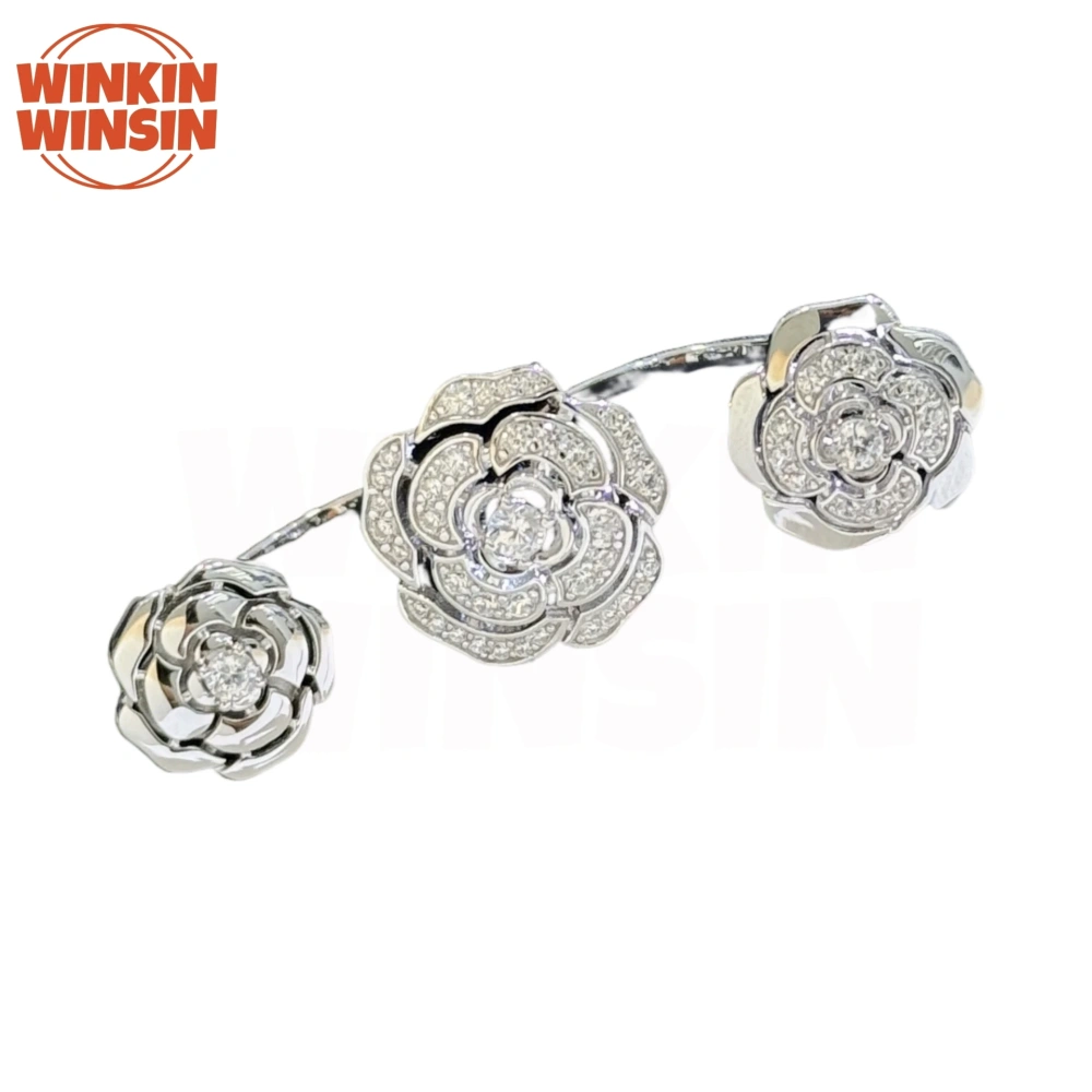 Winkin Winsin Luxury 925 Sterling Silver Camellia Ring Three Flower S925 Silver Rings For Women Girl Adjustable Camellia Jewelry