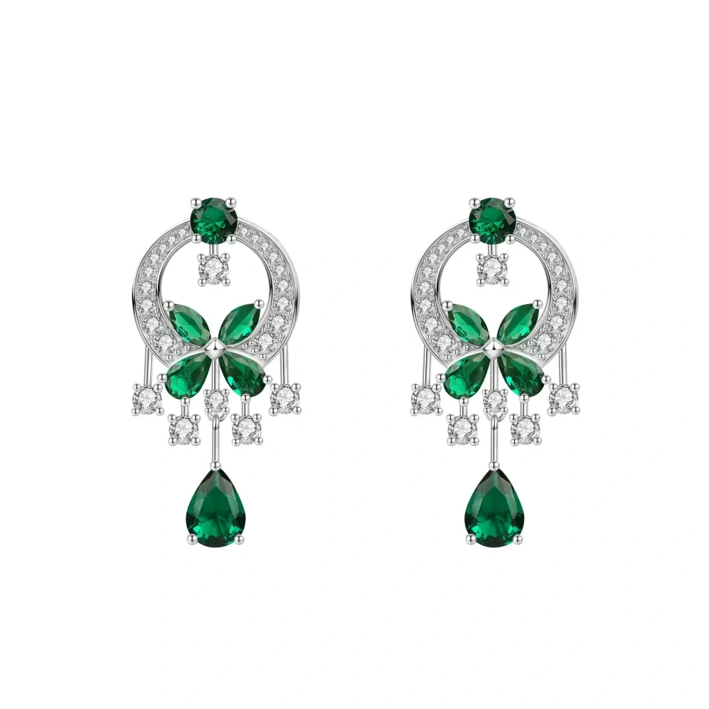 Winkin Winsin Sterling Silver S925 Garden Butterfly Circle Emerald Diamond Necklace with Water Drop Diamonds
