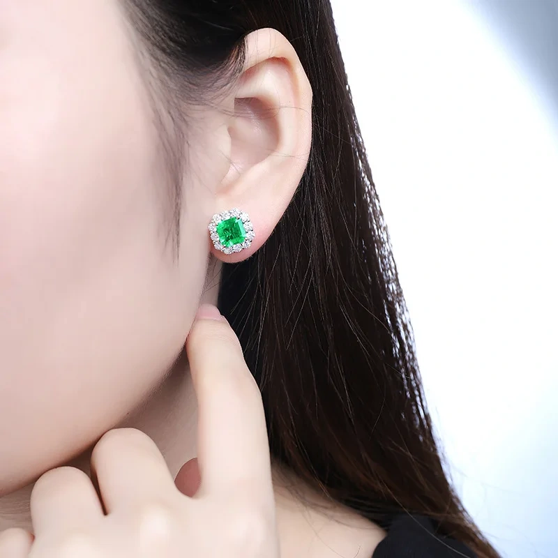 ShanLover Brand MST Top Grade S925 Sterling Silver Lab-Grown Gemstone Emerald Stud Earrings for Women Jewelry