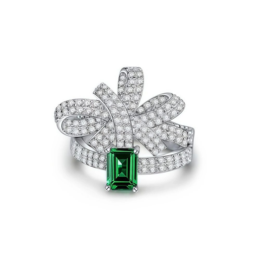 Winkin Winsin 1ct Zambian Color Cultured Emerald 5*7 Bowknot Ring 925 Silver