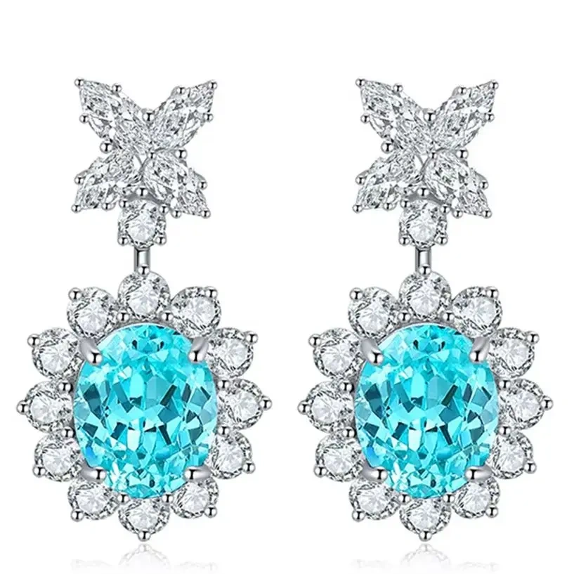 ShanLover Brand Light Luxury Elegant Lab Grown Gemstones Earrings Light Blue Flower Design Pendant Earrings Party Jewelry