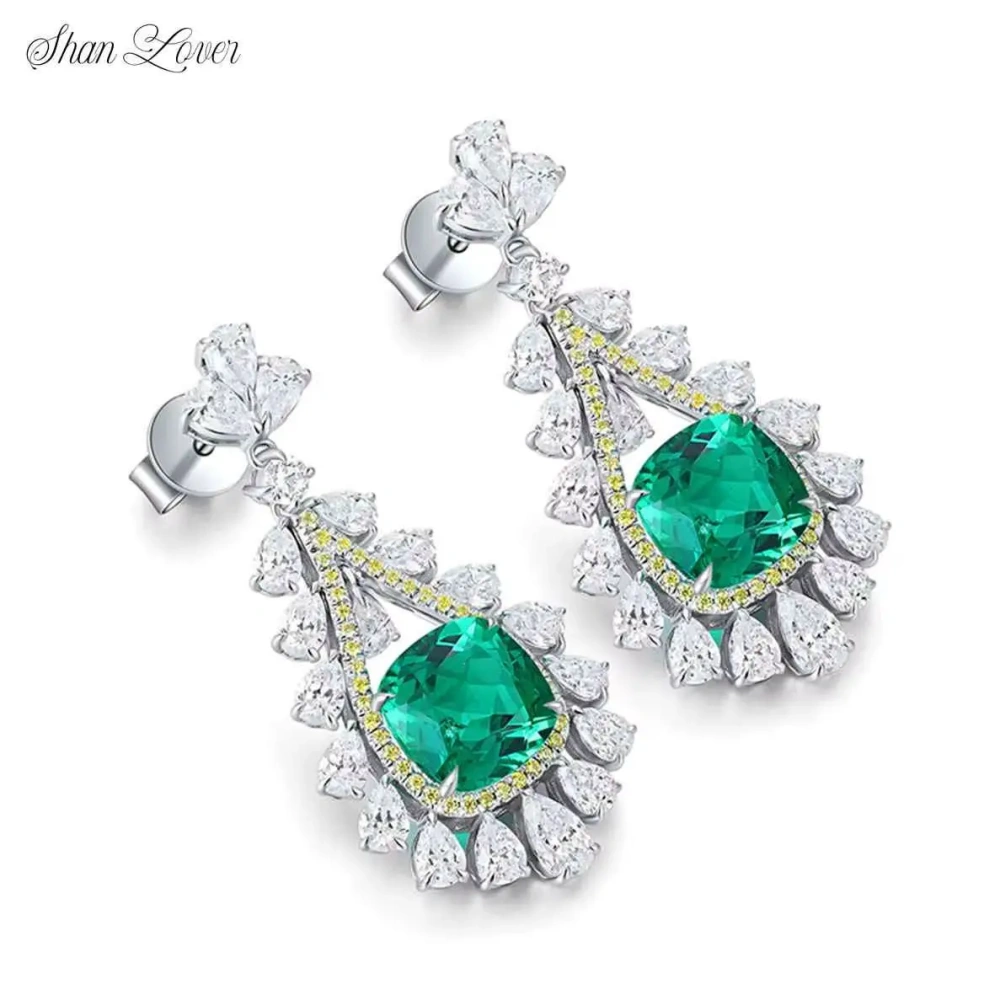ShanLover 4.2ct Lab Grown Emerald Stud Earrings Green Gemstones Jewelry For Woman Real 925 Sterling Silver Pendant Drop Earrings