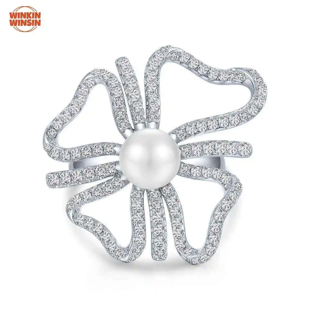 Winkin Winsin Natural Pearl 8mm Hollow Silver Ring Full Inlaid Diamond Open Adjustable Ring
