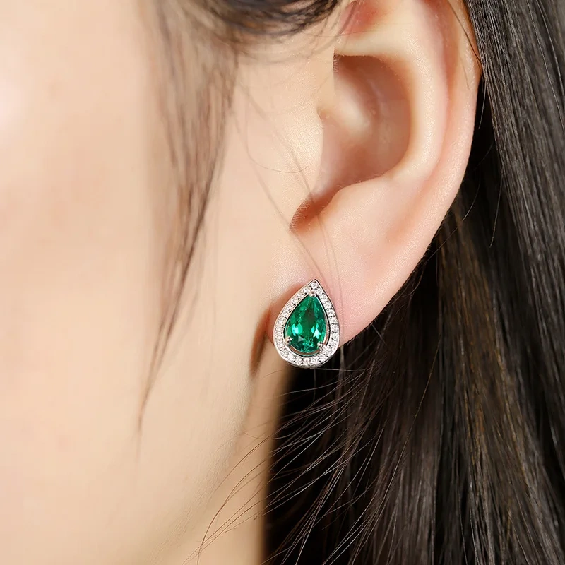 ShanLover Brand Luxury Waterdrop Lab Grown Gemstones Emerald Stud Earrings High Quality 925 Sterling Silver Jewelry