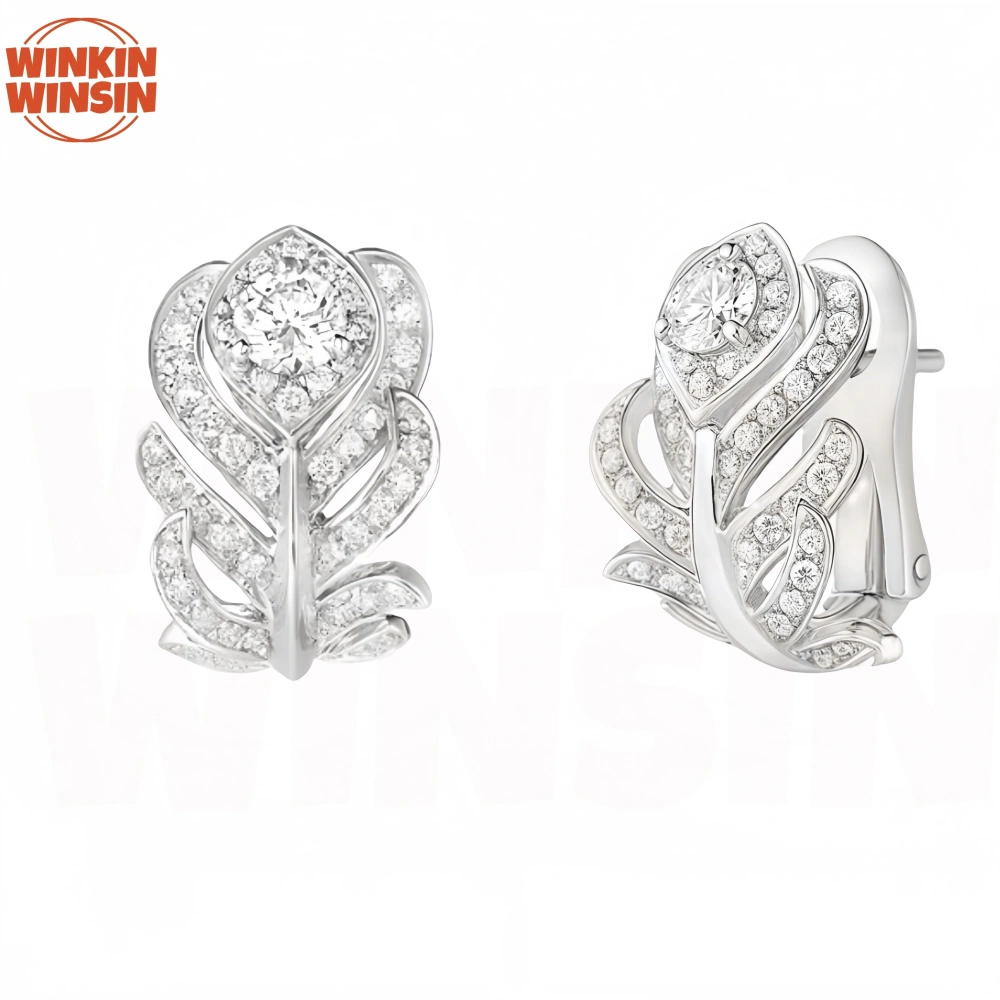 Winkin Winsin Luxury Brand 925 Sterling Silver Jewelry Feather Stud Earrings Full Diamond Earrings and Ear Clip Earrings Stud