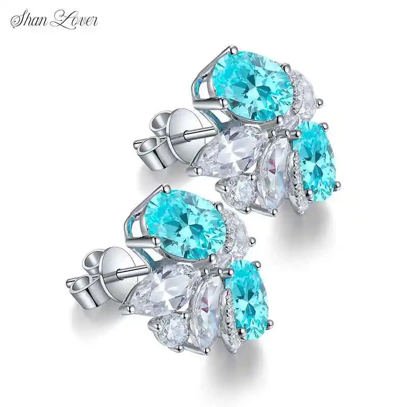 ShanLover Brand 6.5ct Lab Grown Paraiba Tourmaline Stud Earrings for Women Blue Gemstones 925 Sterling Silver Earrings Jewelry