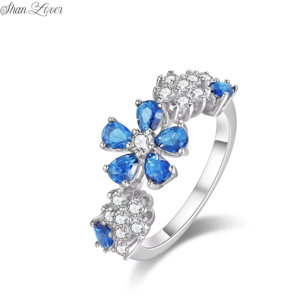 ShanLover Brand Luxury Designer S925 Real 925 Sterling Silver Ring for Woman Fashion Blue Gemstones Flower Design Jewelry
