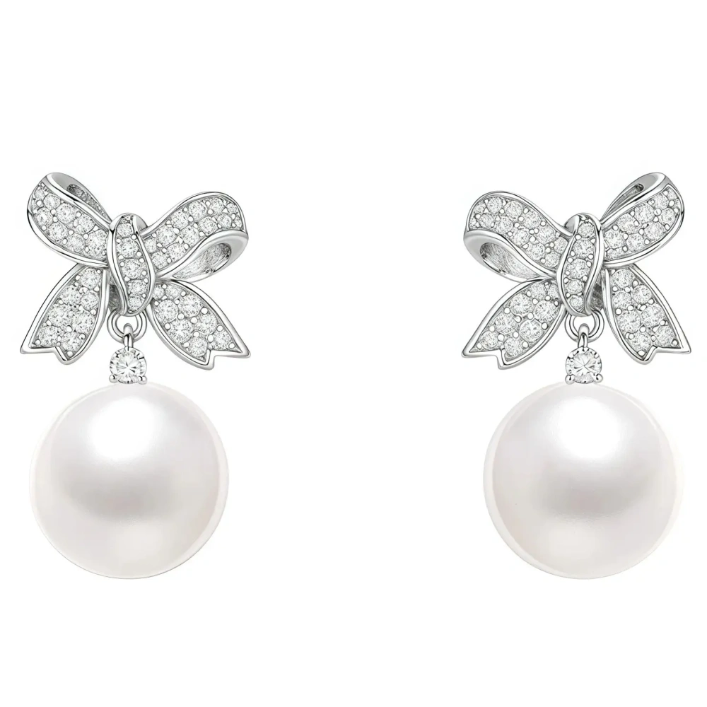 ShanLover Brand 5A Grade 925 Sterling Silver Pearl Pendant Bow Zircon Drop Earrings Luxury High End Niche Design Jewelry