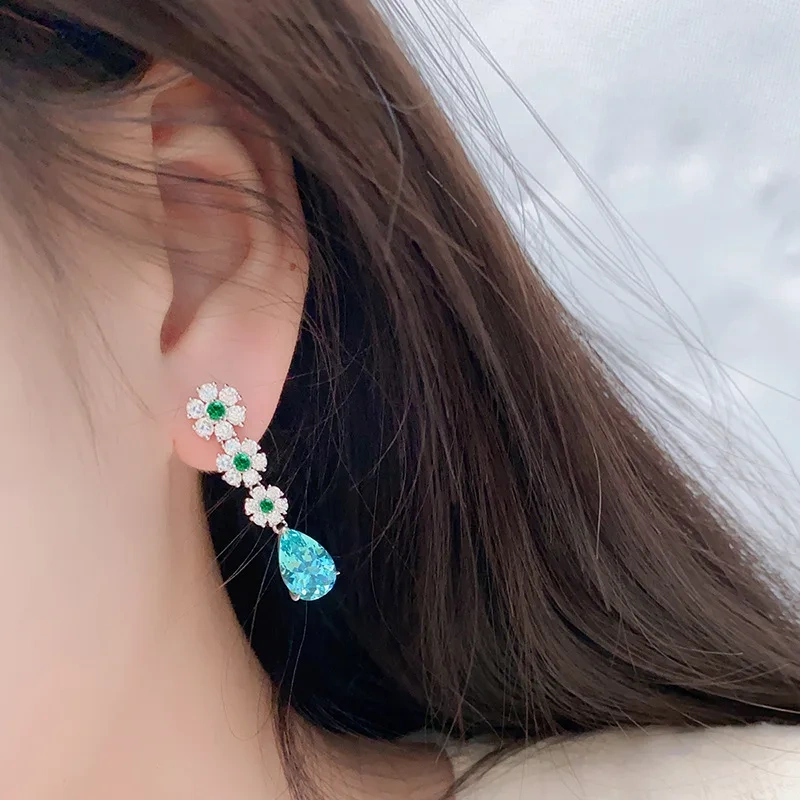 ShanLover Brand Water Drop Cultivated Paraiba 925 Sterling Silver Lab Grown Gemstones Stud Tassels Earrings Jewelry for Women