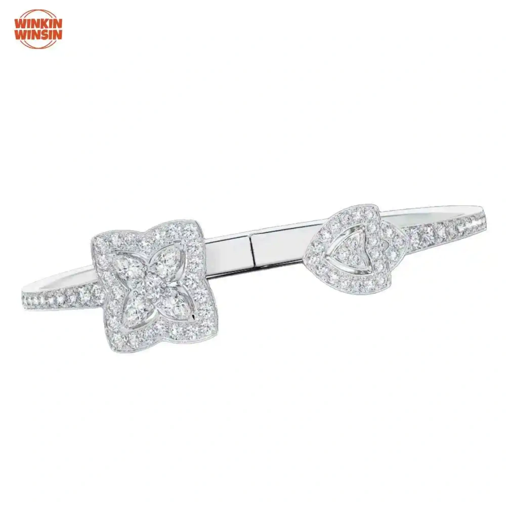 Winkin Winsin S925 925 Sterling Silver Lotus Thick Version Open Diamond Bangle Party Bangle Bracelet Jewelry