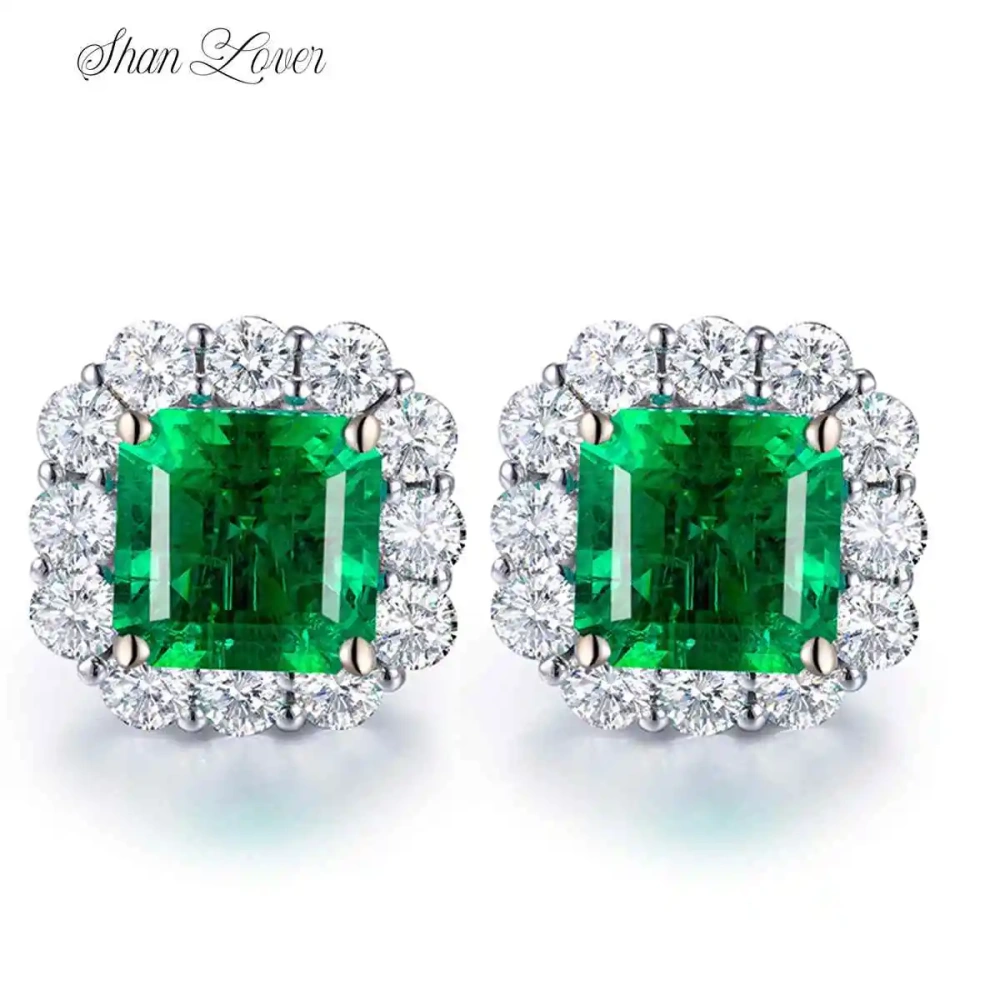 ShanLover Brand MST Top Grade S925 Sterling Silver Lab-Grown Gemstone Emerald Stud Earrings for Women Jewelry