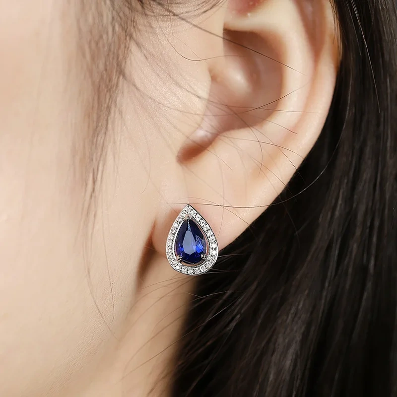 ShanLover Brand Luxury 925 Sterling Silver Earrings Lab Grown Teardrop Shaped Sapphire Stud Earrings for Women
