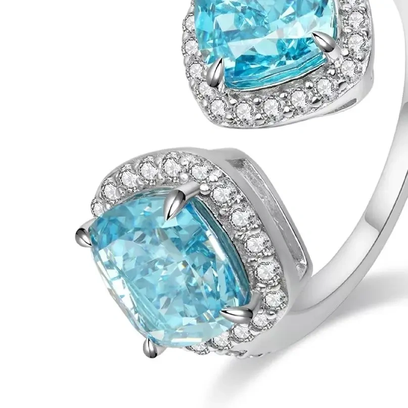 ShanLover Brand Designer S925 Real 925 Sterling Silver Cut Diamond Opening Ring With Blue Gemstone Unique Design for Woman Girl