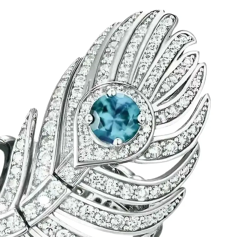 Winkin Winsin Brand Luxury S925 925 Sterling Silver Ring For Women Peacock Feathers Rings Girls Blue Zircon Finger Ring Jewelry