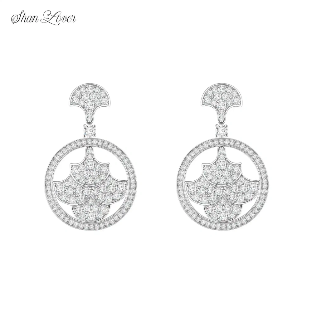 ShanLover Brand CMA Certificate 5A Level High Quality 925 Sterling Silver Diamond Circle Fan Zircon Drop Earrings Jewelry