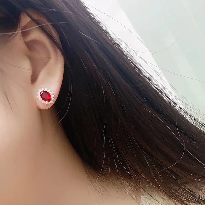 ShanLover Brand Lab Grown Red Stud Earrings Classic Princess Diana Style Retro Feel Diamond Jewelry for Women Jewelry