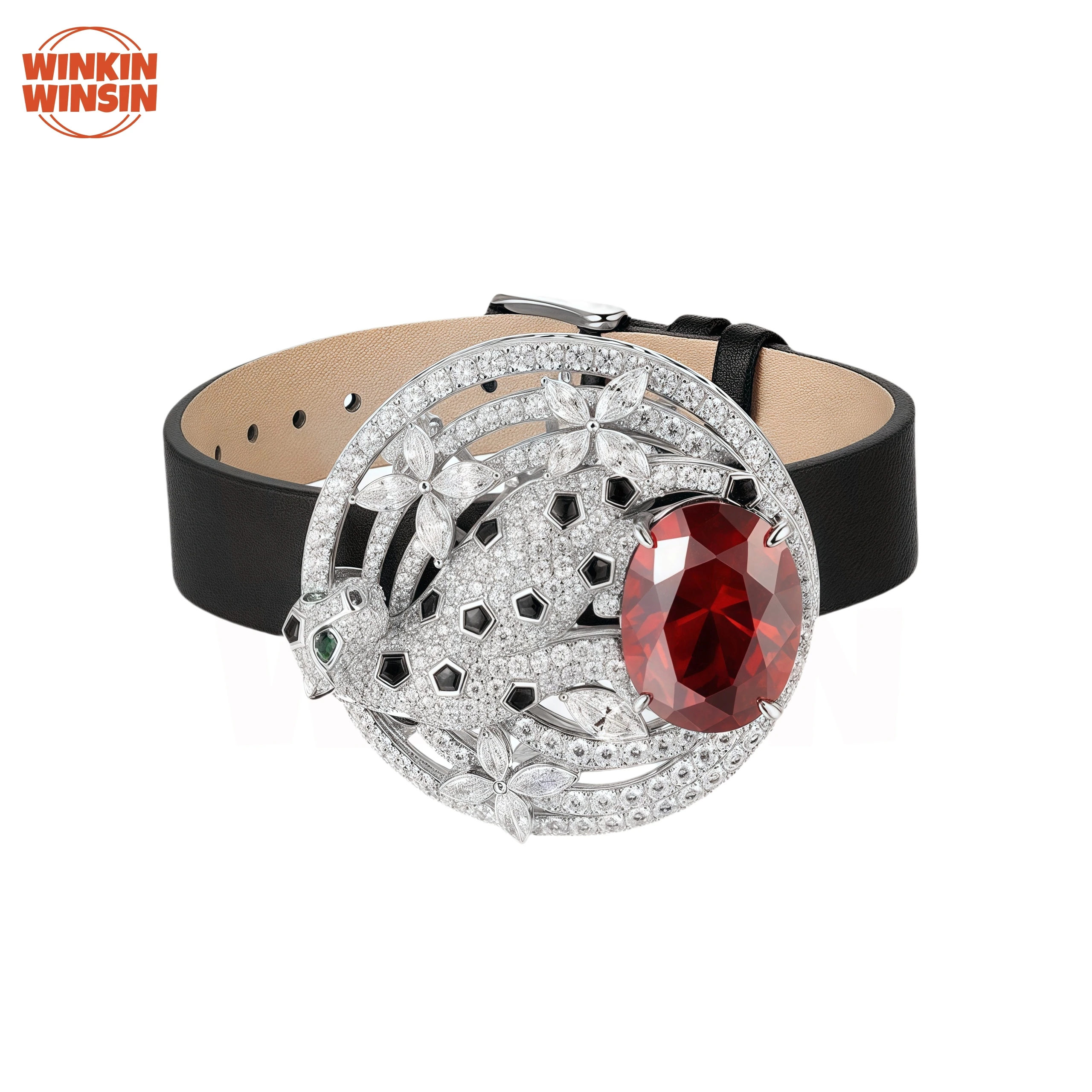 Winkin Winsin Luxury 925 Sterling Silver Leopard Bangle Bracelets Corundum Gemstones Ruby Bracelet Leather Belt Bangles Jewelry