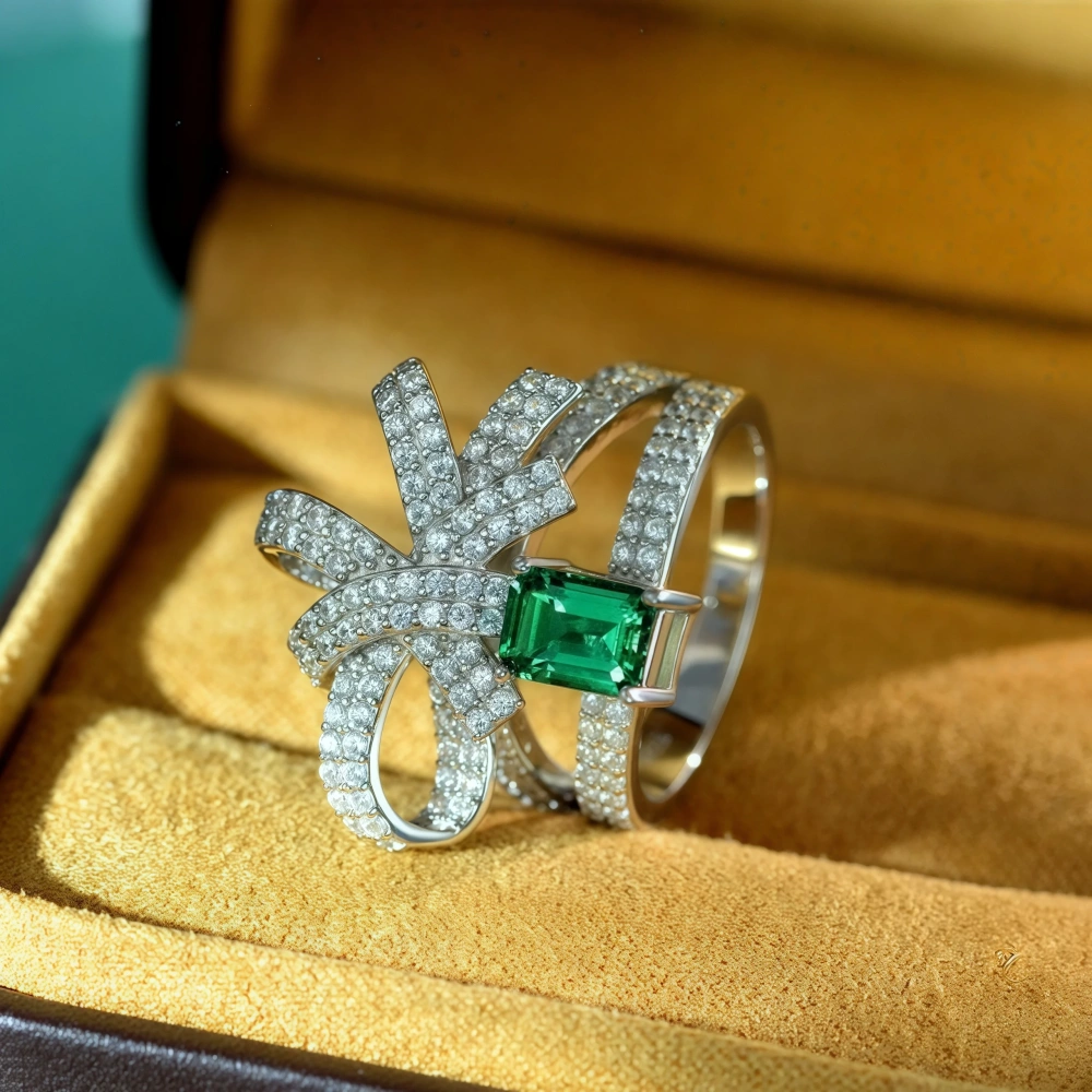 Winkin Winsin 1ct Zambian Color Cultured Emerald 5*7 Bowknot Ring 925 Silver