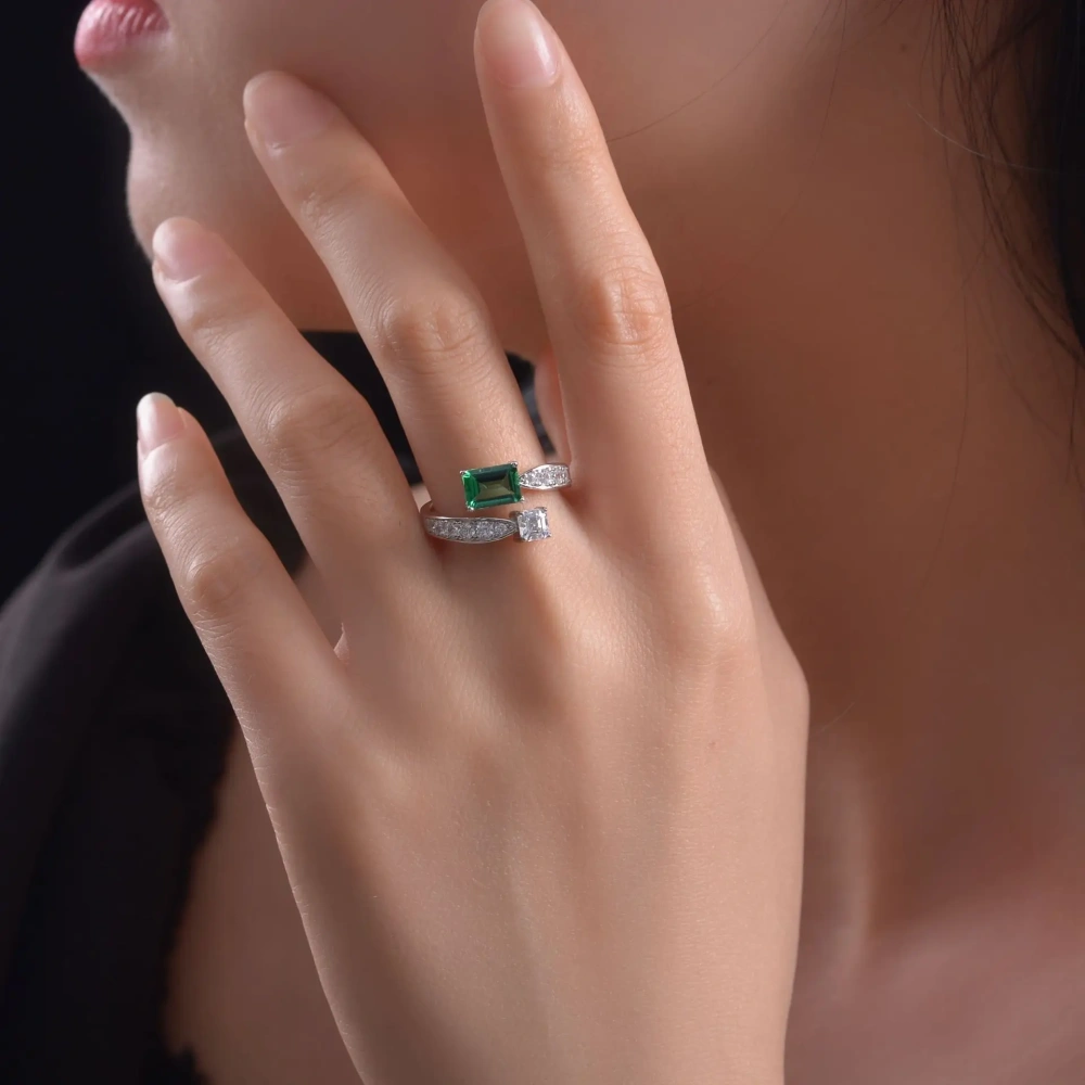 Winkin Winsin 1ct Cultured Emerald 5*7 High-Carbon Diamond Ring, Women's European and American Fashion Open Ring