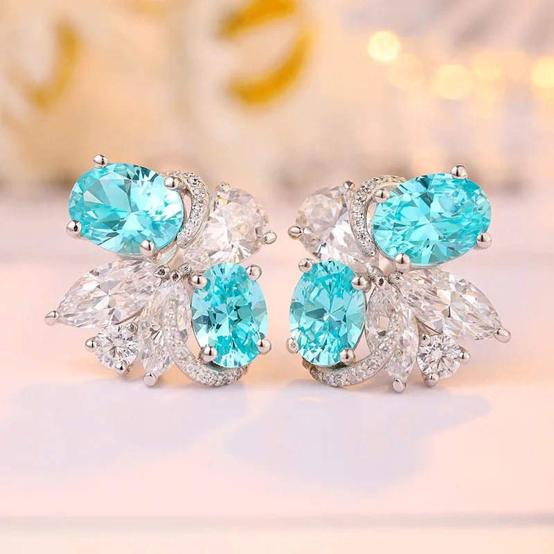 ShanLover Brand 6.5ct Lab Grown Paraiba Tourmaline Stud Earrings for Women Blue Gemstones 925 Sterling Silver Earrings Jewelry