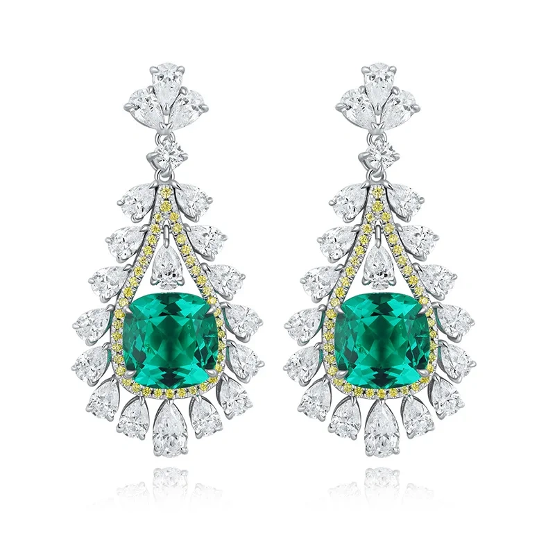 ShanLover 4.2ct Lab Grown Emerald Stud Earrings Green Gemstones Jewelry For Woman Real 925 Sterling Silver Pendant Drop Earrings