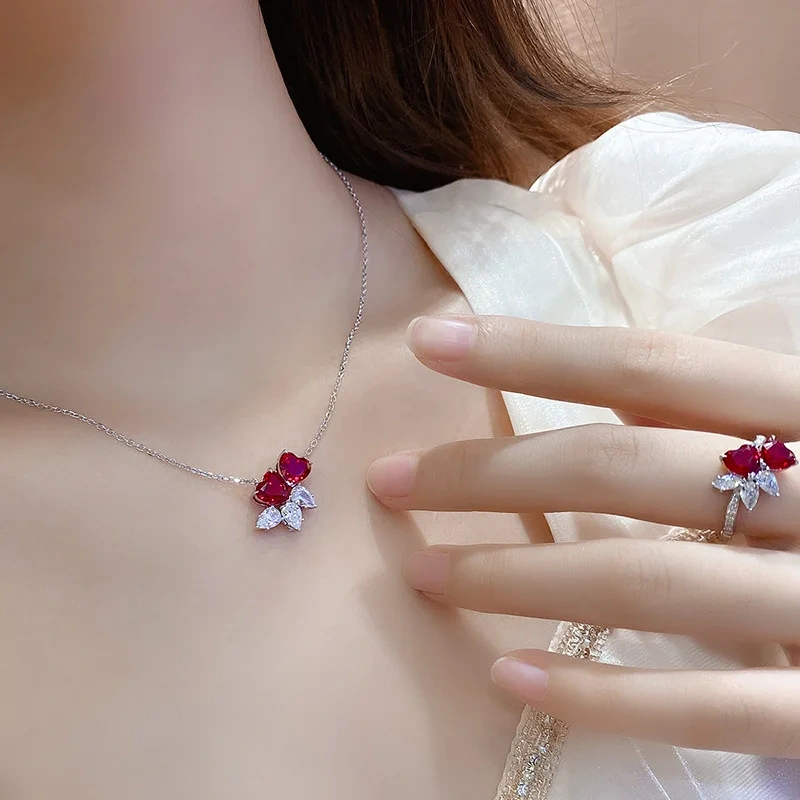 ShanLover Brand Luxury Brand Designer Heart shaped Women S925 Jewelry Set  Necklace Laboratory Grown Ruby Pendant Jewelry