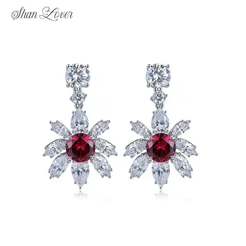 ShanLover Brand Simple Floral round Red Gemstone Silver Ear Studs Lab Grown Gemstones  Pigeon Blood Red Ruby Fashion Jewelry