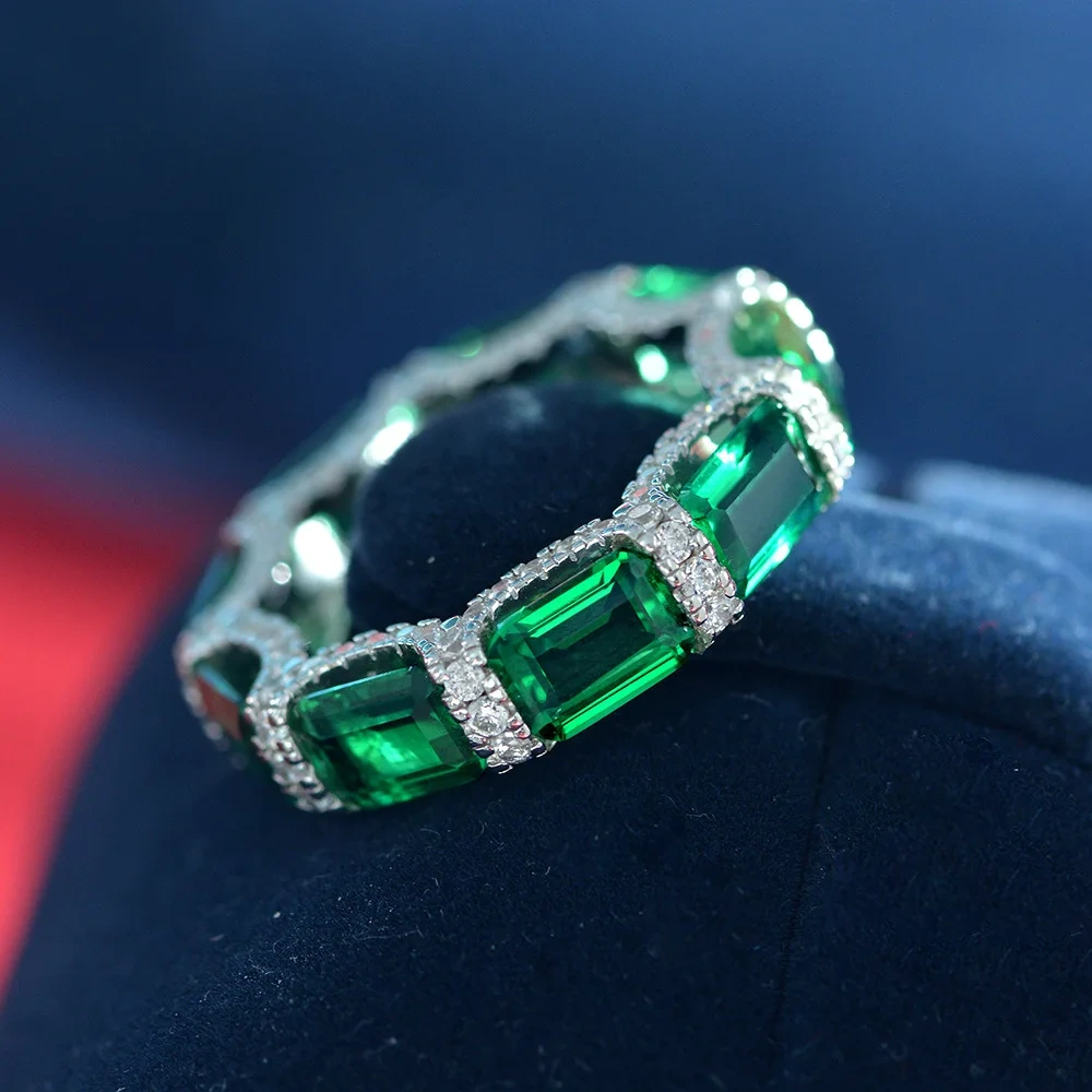 Winkin Winsin 925 Sterling Silver Ring 1ct Synthetic Emerald Lab Grown Gemstones High Carbon Diamond Ring for Women Jewelry