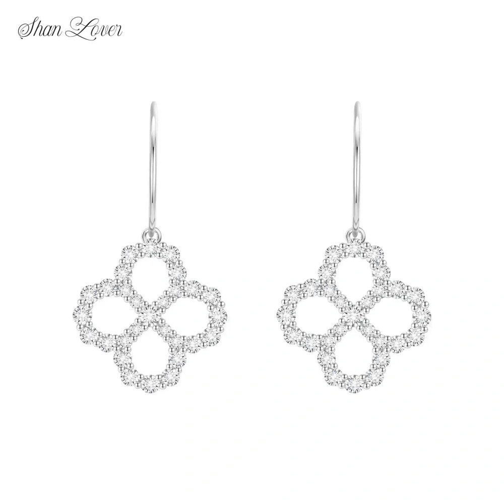 ShanLover Brand 5A Level Luxury Hollowed Out Four Leaf Clover Zircon Drop Earrings CMA Certificate Earrings Jewelry