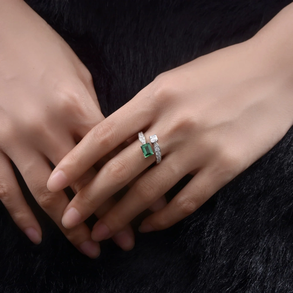 Winkin Winsin 1ct Cultured Emerald 5*7 High-Carbon Diamond Ring, Women's European and American Fashion Open Ring