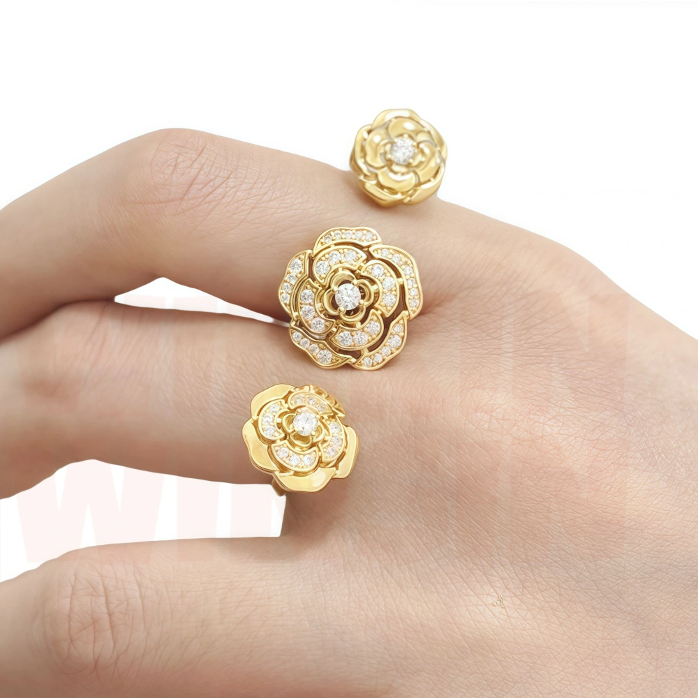 Winkin Winsin Brand Luxury Real S925 925 Sterling Silver Camellia Ring Three Flower Rings For Women Adjustable Camellia Jewelry