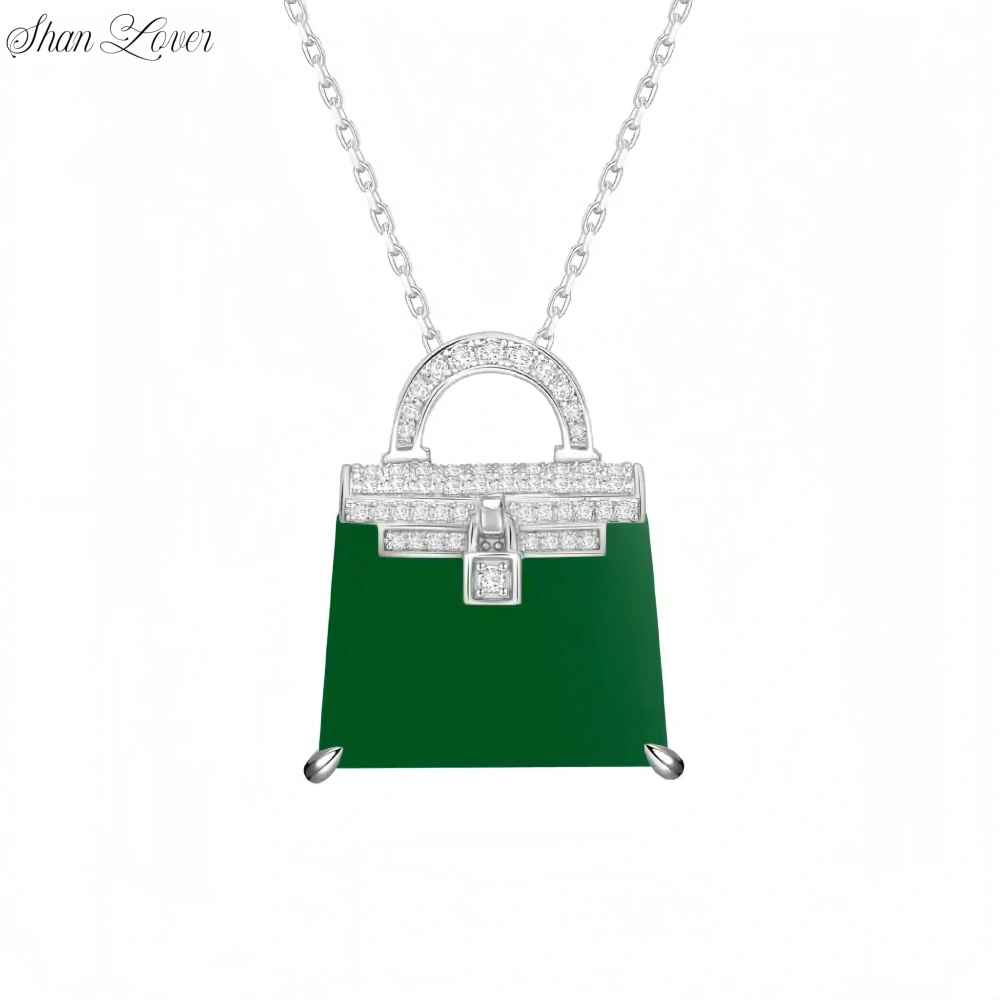 ShanLover Brand Designer Luxury 925 Sterling Silver Handbag Pendant Necklace Jewelry For Woman Ladies Green Gemstones Pendants