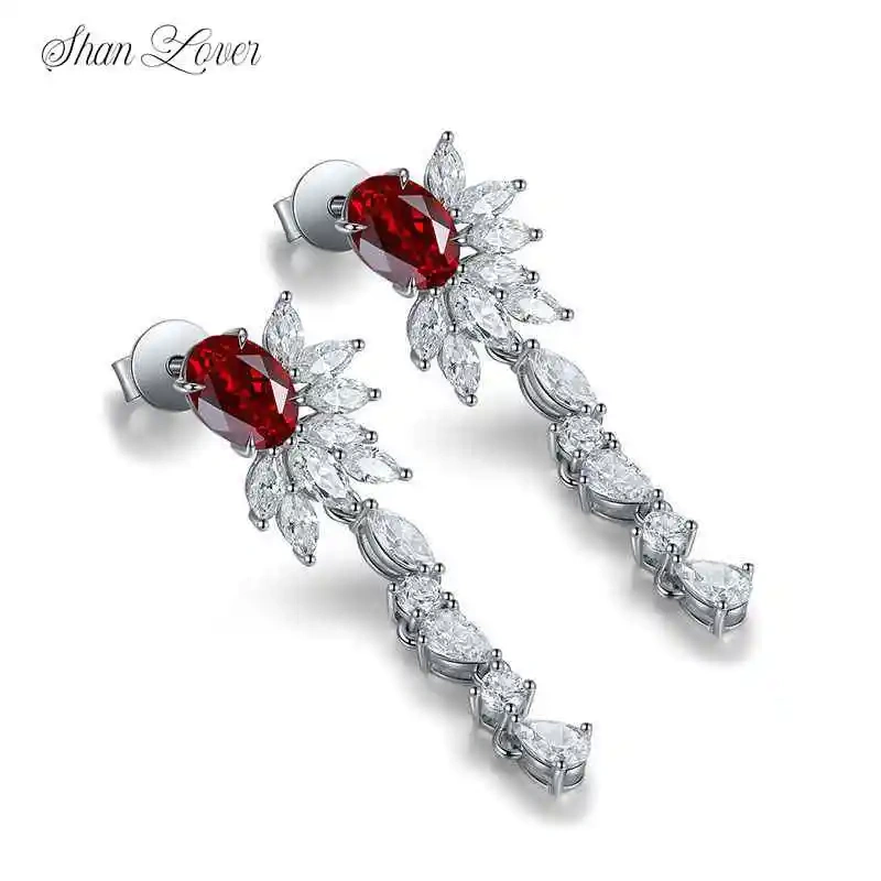 ShanLover Brand Fashion Red Moissanite Diamond Tassel Ear Studs S925 Pure Sterling Silver Earrings Jewelry CMA Certificate