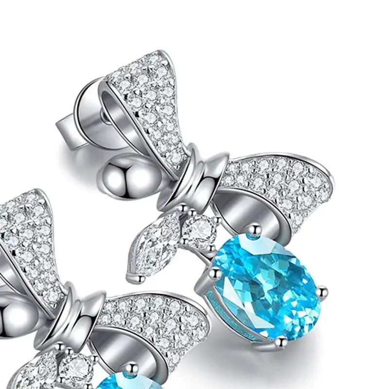 ShanLover Brand 3.9ct 925 Sterling Silver Lab Grown Gemstones Bow Cultivation Paraiba Stud Earrings Luxury Jewelry for Women
