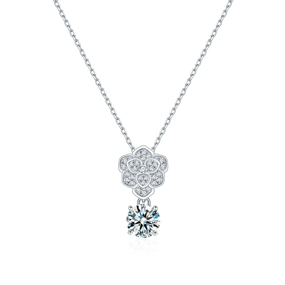 ShanLover Brand 1ct Moissanite Diamond Camellia Pendant Necklace 925 Sterling Silver Collarbone Chain Fashionable Jewelry