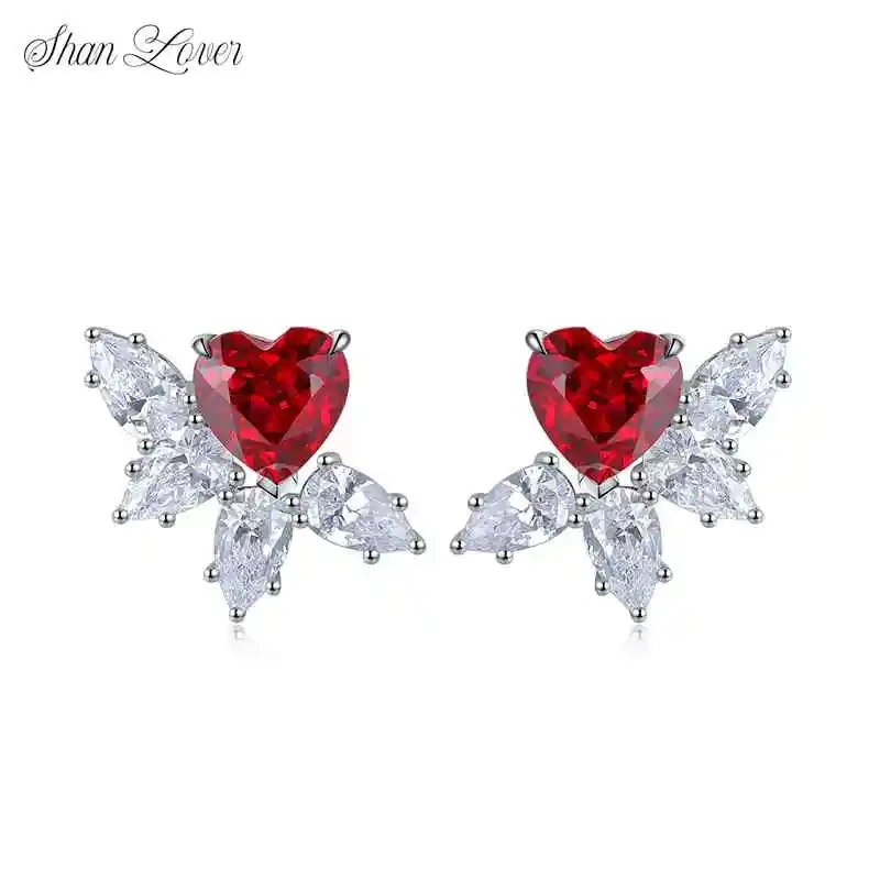 ShanLover Brand High and elegant small heart-shaped cultivated ruby stud earrings Certificate Colorful Fashion Earrings Jewelry