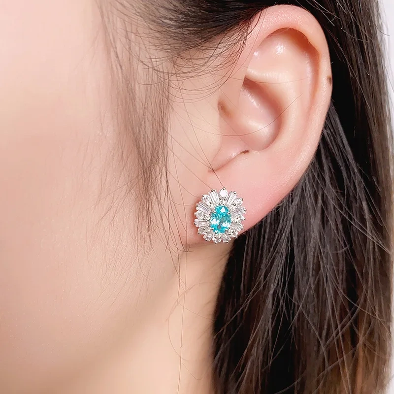 ShanLover Brand Paraiba Ear Studs Lake Blue Cold Style  S925 Silver Needle Piercing High-End Exquisite Earrings Jewelry